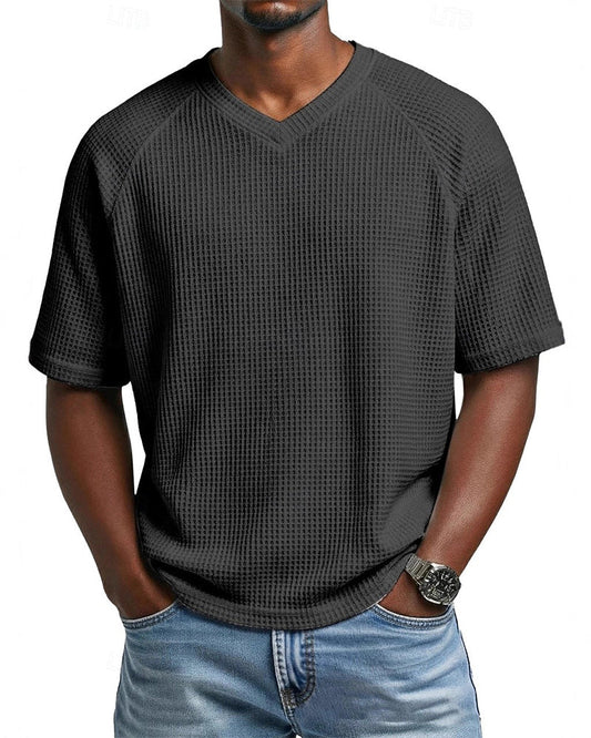 Men's Waffle V-Neck Tee, Solid Color Casual Short Sleeve Top