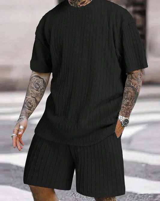 Men's Crew Neck Striped T-Shirt and Shorts Two-Piece Set
